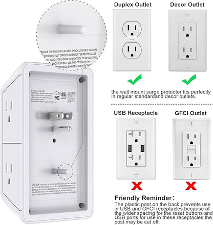 POWRUI Multi Plug 6 Outlet Surge Protector Extender with 3 USB Ports (1 USB C) and Night Light, 3-Sided Power Strip with Adapter Spaced Outlets, ETL Listed, White