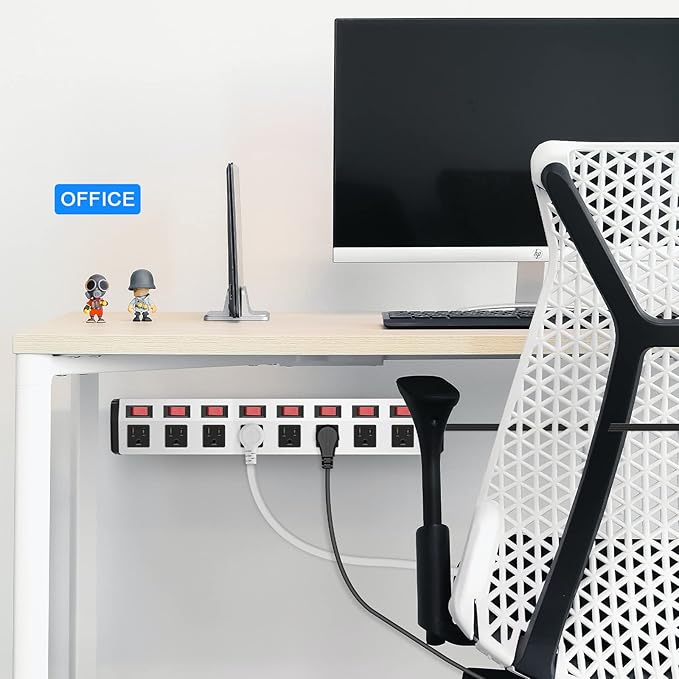 8 Outlet Metal Power Strip with Individual Switches,Heavy Duty Appliance Power Strip with Flat Plug,1200J Surge Protector,10FT Extension Cord,15A 120V 1800W,Home Office School Shop Industrial