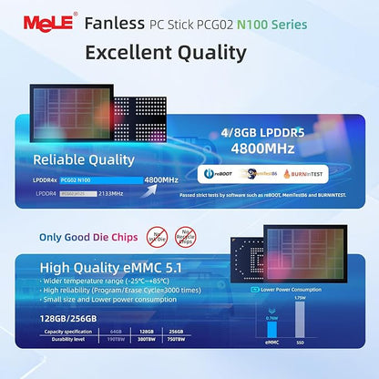 MeLE PCG02 N100 Mini PC Stick 8GB LPDDR5 128GB eMMC, Win11Pro Fanless Micro Desktop Computer Stick, Support HDMI + USB-C 4K Dual Display, 2.4G/5GHz WiFi BT5.1 GbE, for IoT, Digital Signage, Office