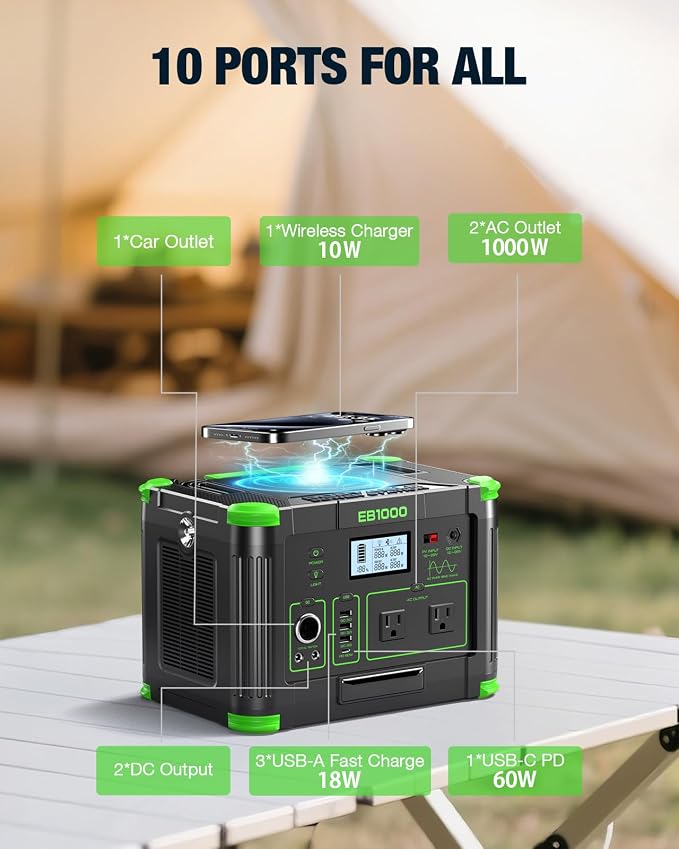 GRECELL 999Wh Solar Generator 1000W Portable Power Station for Outdoor