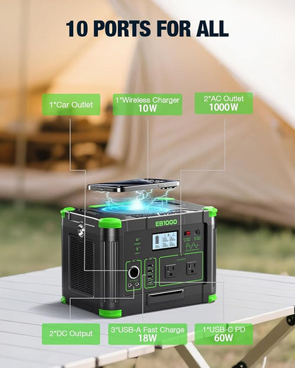 GRECELL 999Wh Solar Generator 1000W Portable Power Station for Outdoor