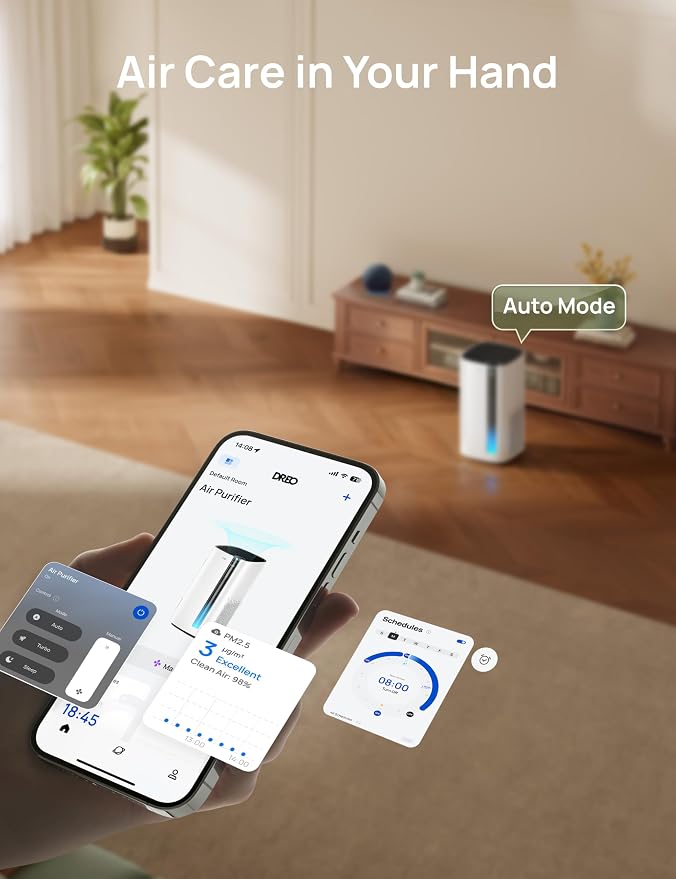 DREO Smart Air Purifier for Home, Washable Pre-Filter, Air Cleaner with Wi-Fi/Voice/Alexa,Smoke,Dust,Pollen,Odor,PM2.5 Quality Monitor, 4 Speeds & Auto/Turbo/Quiet HEPA Sleep Mode, DR-HAP003AS