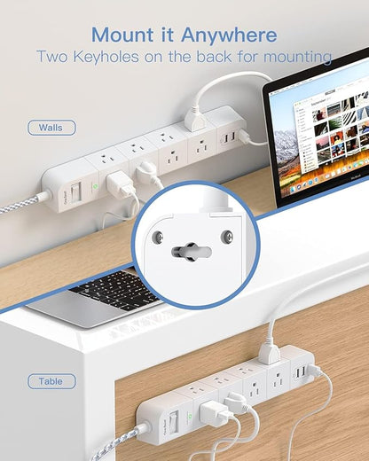15 ft Surge Protector Power Strip, Flat Plug Extension Cord with 8 Widely Spaced AC Outlets and 3 USB Ports, ETL Listed Desktop Charging Station for Home Office Travel Computer Wall Mount