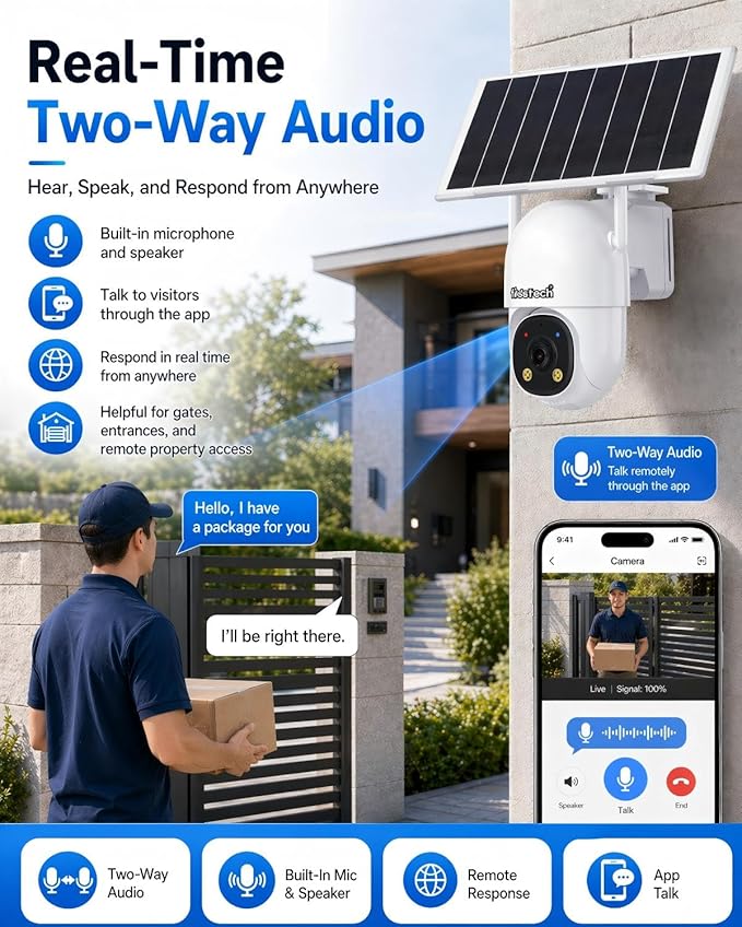 JideTech 24/7 Recording 4G LTE Cellular Security Outdoor Camera, No WiFi Always-On Video AOV PTZ Camera, 8W Solar Panel & 13500mAh Battery, Auto Tracking, Color Night Vision, Built in SIM Card