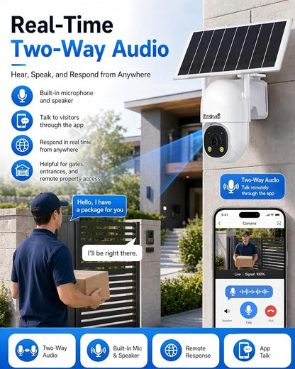 JideTech 24/7 Recording 4G LTE Cellular Security Outdoor Camera, No WiFi Always-On Video AOV PTZ Camera, 8W Solar Panel & 13500mAh Battery, Auto Tracking, Color Night Vision, Built in SIM Card