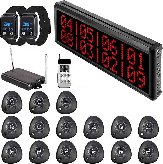 Wireless Calling System 1600+ Feet Restaurant Pager System with 1 Call Number Display/Long Range Signal Amplifier/15 Waterproof Call Buttons/2 Watch Pagers for Nurse Call Caregiver Pager Restaurant