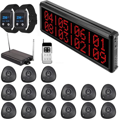 Wireless Calling System 1600+ Feet Restaurant Pager System with 1 Call Number Display/Long Range Signal Amplifier/15 Waterproof Call Buttons/2 Watch Pagers for Nurse Call Caregiver Pager Restaurant