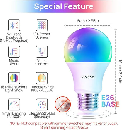 Linkind Matter E12 Smart Light Bulb 470lm RGBTW 2Pack Bundle Color Changing Smart Light Bulbs A19 4 Pack, Compatible with Alexa & Google Home