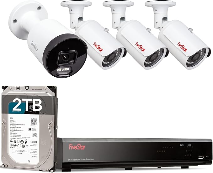 Five Star 4K Professional Security Metal Case Camera System, 1pc H.265+ 5MP Smart Detection AI Camera & 3pcs 5MP PoE Security Cameras Wired with 4K 8CH NVR with 2TB HDD for 24-7 Recording