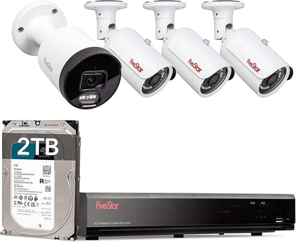 Five Star 4K Professional Security Metal Case Camera System, 1pc H.265+ 5MP Smart Detection AI Camera & 3pcs 5MP PoE Security Cameras Wired with 4K 8CH NVR with 2TB HDD for 24-7 Recording