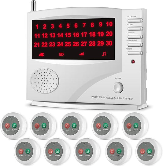 Nurse Call System Caregiver Pager Call System with 10 Dual Function Call Buttons and 1 Central Monitoring Unit for Clinic Restaurant Assisted Living Nursing Home Patients Residents