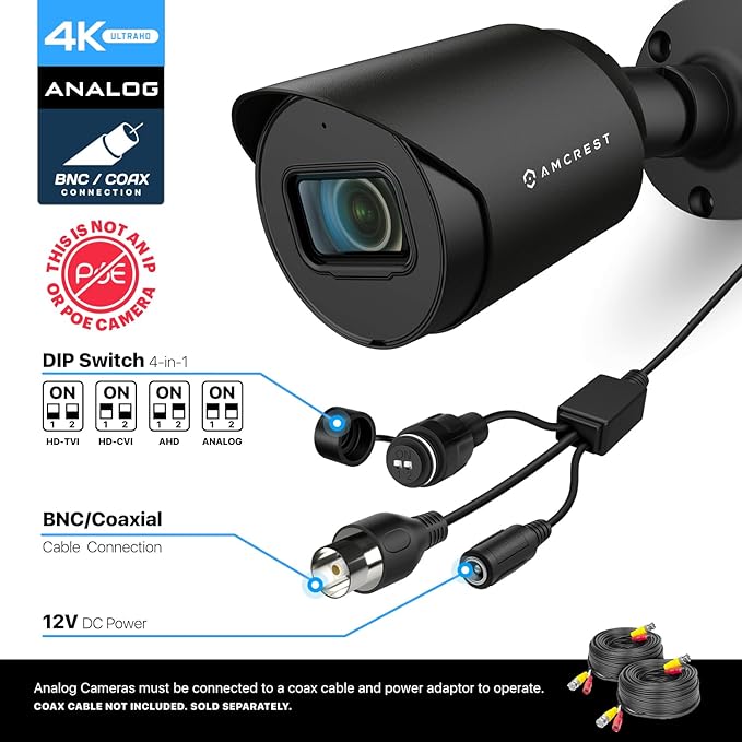 Amcrest 4K Analog Outdoor Security Camera, Bullet 4K (8MP) @15fps, CCTV-Coax-BNC, 98ft Night Vision, IP67 Metal, 125° Angle, Mic, Black (Not an IP Camera) (DVR Required, Not Included) (AMC4KBC28-B-V3)