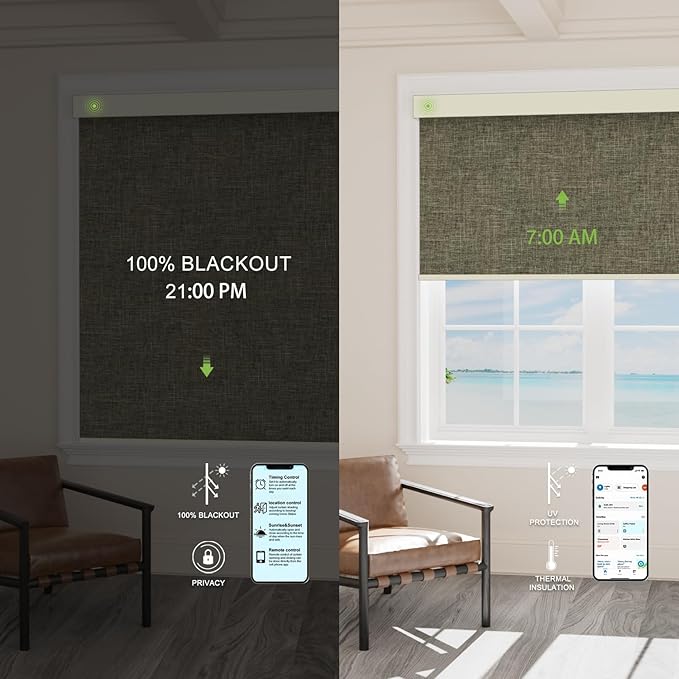 Motorized Blinds with Remote，100% Blackout Smart Blinds Motorized Roller Shades Compatible with Alexa Automatic Blinds for Windows Electric Window Blinds Customized Size Brown Mist