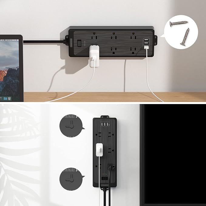 NTONPOWER Flat Plug Power Strip with 3 USB Ports, 6 Extra Widely Spaced Outlets, 1700 Joules Surge Protector, 15A Circuit Breaker, 5 FT Extension Cord, Black