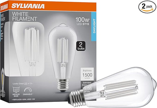 Sylvania ST19 Clear LED White Filament Bulb, 13W, Dimmable, 1500 LMS, Medium Base, 5000K, Daylight - 2 Pack (42251)
