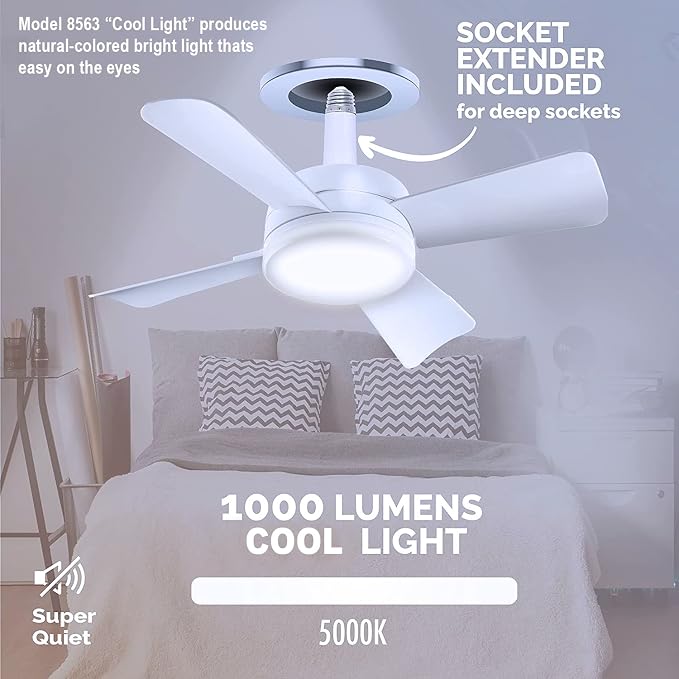 Bell+Howell Socket Breeze Light 5-Speed Deluxe LED – Ceiling Fans with Lights and Remote Control – For Bedroom, Kitchen, Living Room,1000 Lumens / 5000 Kelvins As Seen On TV (Pack of 2)