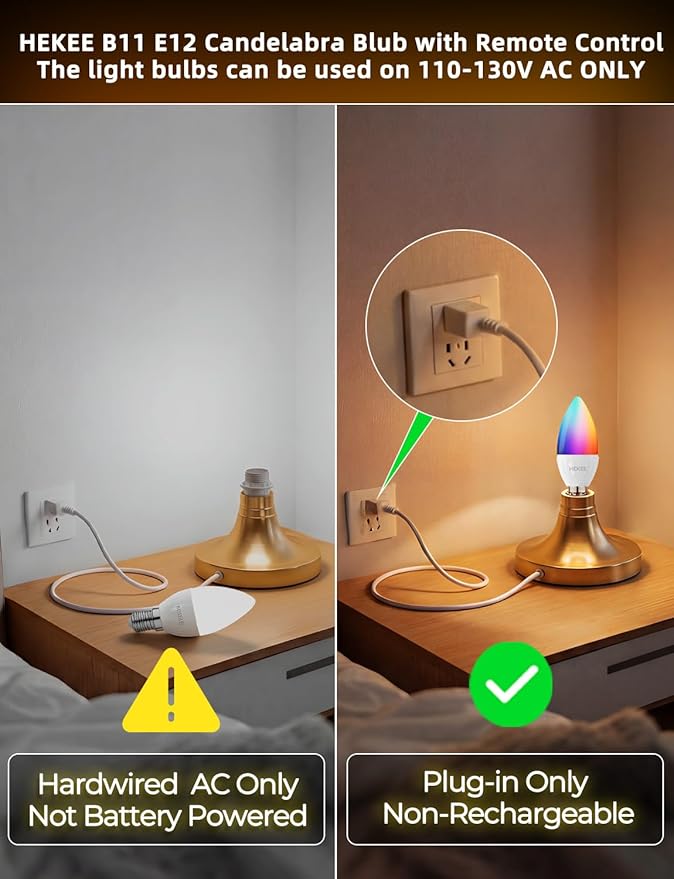 HEKEE E12 Candelabra Light Bulbs, Color Changing Bulb with Remote, Plug-in Only, E12 Base, 12 RGB+2700K Warm White, 40W Equiv (5W), 450LM, Timer, 2 Modes, for Chandelier/Ceiling Fan, 4 Pack