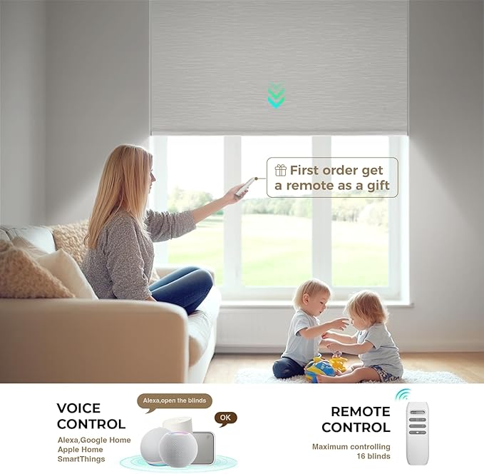 HeyBlinds Motorized Blinds with Remote, 100% Blackout Smart Blinds, Automatic Shades for Windows Compatible with Alexa Google and Homekit, Custom Size(Moon River-White BO)