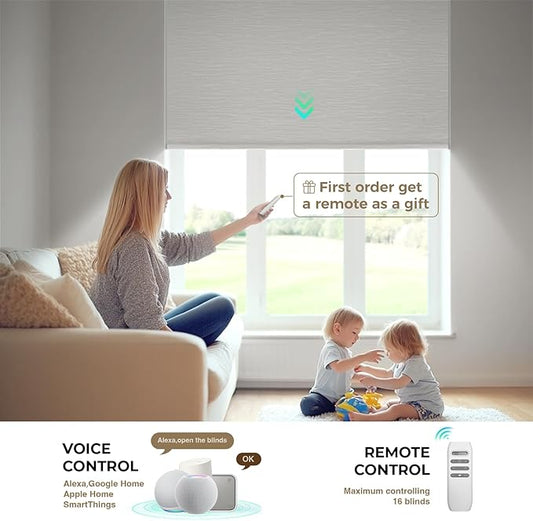 HeyBlinds Motorized Blinds with Remote, 100% Blackout Smart Blinds, Automatic Shades for Windows Compatible with Alexa Google and Homekit, Custom Size(Moon River-White BO)