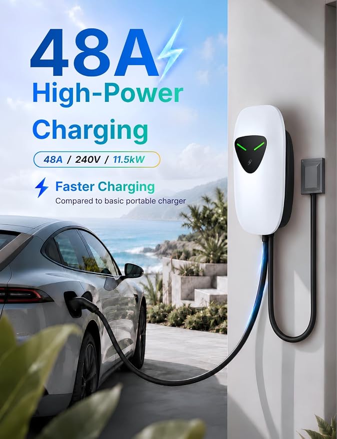 48A Level 2 EV Charger Station Hardwired, J1772 240V 11.5kW WiFi App 25ft | Garage Home Driveway EV Charger,2.4GHz Smart Control,RFID Access,Indoor Outdoor Installation,UL ETL FCC Certified,Overheat