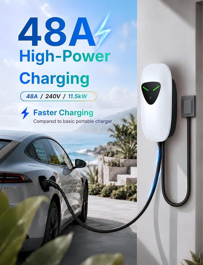 48A Level 2 EV Charger Station Hardwired, J1772 240V 11.5kW WiFi App 25ft | Garage Home Driveway EV Charger,2.4GHz Smart Control,RFID Access,Indoor Outdoor Installation,UL ETL FCC Certified,Overheat