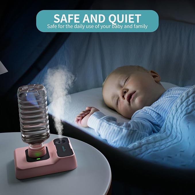 Travel Humidifier, Portable Small Humidifier for Plants, Bedroom, Office, Hotel or Car, Battery Operated Mini Cool Mist Humidifiers, Quiet 23dB, Auto-off, Night Light and BPA-Free, Pink