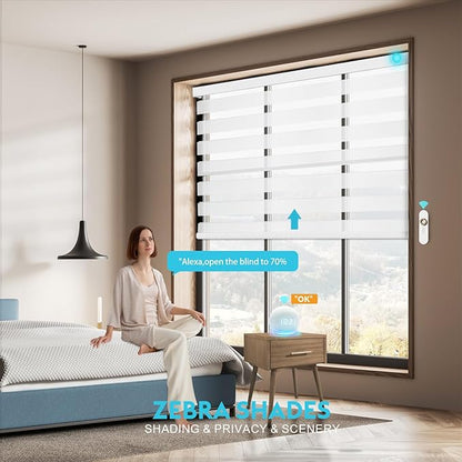 Motorized Zebra Blinds with Remote Smart Blind Work with Homekit Alexa SmartThings Electric Day and Night Shade Cordless Automatic Solar Powered Window Shade Customize(Starry White)