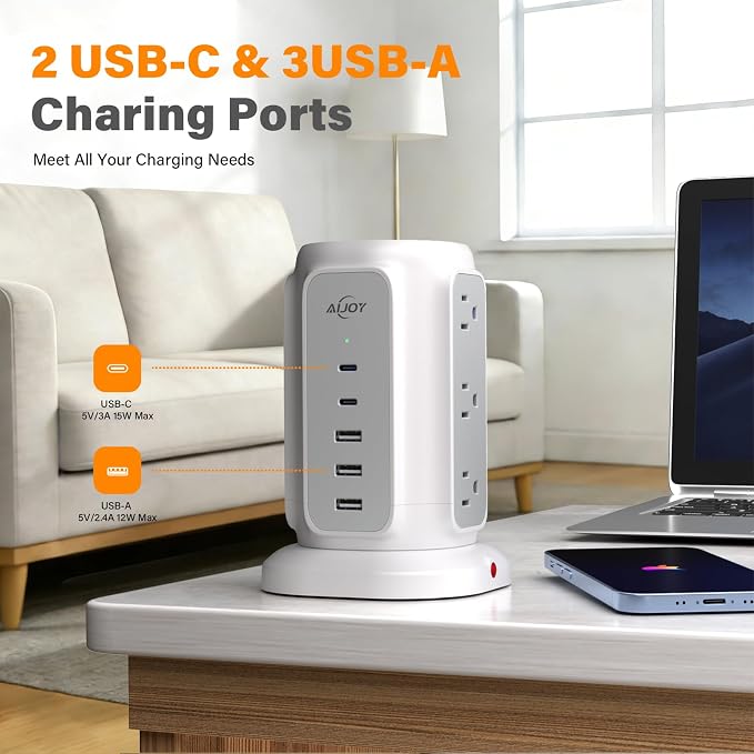AiJoy 10FT Flat Plug Power Strip Tower with 9 AC Outlets and 5 USB Ports | 1200J Surge Protector Power Strip Outlet Extender Charging Station for Home, Office Supplies, Dorm Essentials