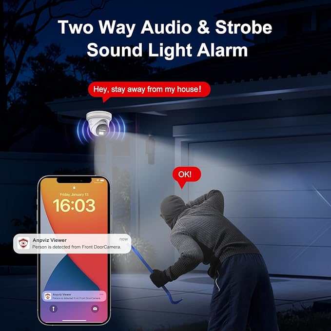 《Strobe Sound Light Alarm & 2-Way Audio》Anpviz 16CH 4K PoE Security Camera System, 16X 8MP Wired IP Turret Cameras Outdoor Metal, 12MP NVR with 4TB HDD, True Plug & Play for Business Home(H Series)