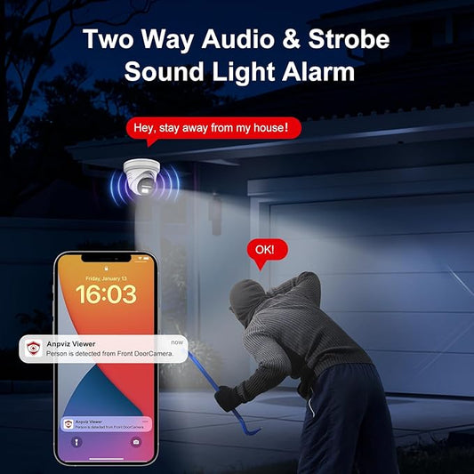 《Strobe Sound Light Alarm & 2-Way Audio》Anpviz 16CH 4K PoE Security Camera System, 8X 8MP Wired IP Turret Cameras Outdoor Metal, 12MP NVR with 4TB HDD, True Plug & Play for Business Home(H Series)