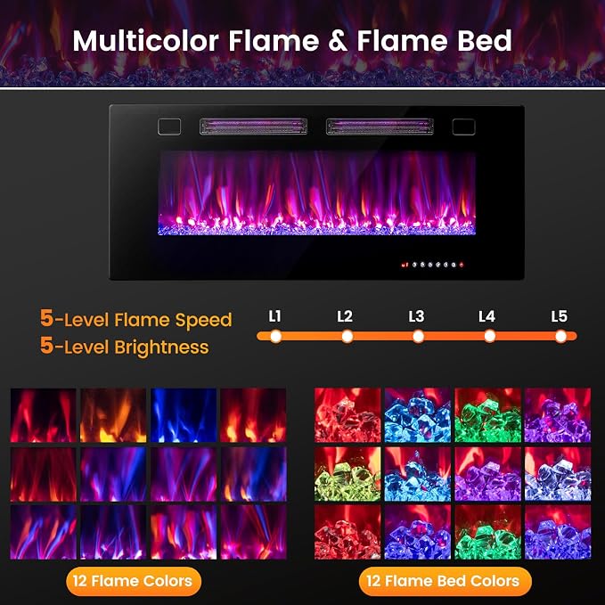 COSTWAY Ultra-Thin Smart WiFi Electric Fireplace 42-inch Wide, Compatible with Alexa & Google Assistant, 750W/1500W Fireplace Heater with 12 Flame and Flame Bed Colors, Remote/APP Control, Black