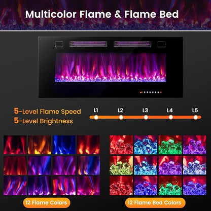 COSTWAY Ultra-Thin Smart WiFi Electric Fireplace 42-inch Wide, Compatible with Alexa & Google Assistant, 750W/1500W Fireplace Heater with 12 Flame and Flame Bed Colors, Remote/APP Control, Black