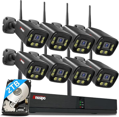 8 Channel Wireless Security Camera System, 8X 3MP Wired Outdoor Indoor Cameras with 2-Way Talk, Face/Motion Detection, Color Night Vision, Smart Playback, H.265 WiFi NVR Camera System, 2TB Hard Drive