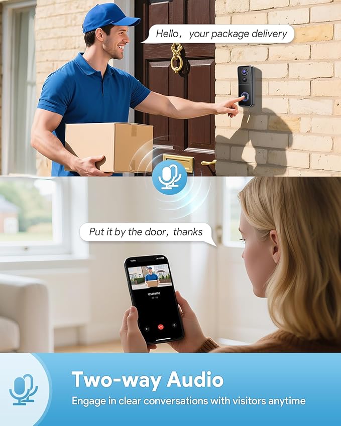 AUE Wireless Video Doorbell Camera 2K HD with Ring Chime, Battery Powered & Night Vision 2-Way Audio PIR Motion Detection 2.4G WiFi + IP66 Waterproof, Compatible with Alexa