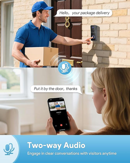 AUE Wireless Video Doorbell Camera 2K HD with Ring Chime, Battery Powered & Night Vision 2-Way Audio PIR Motion Detection 2.4G WiFi + IP66 Waterproof, Compatible with Alexa