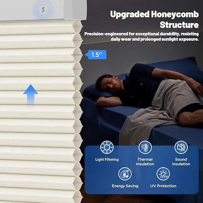 Motorized Cellular Shades with Remote, Light Filtering Smart Cellular Shades Compatible with Alexa, Honeycomb Window Blinds for Bedroom Home Office, Custom Size, Half Shading Soft Pearl