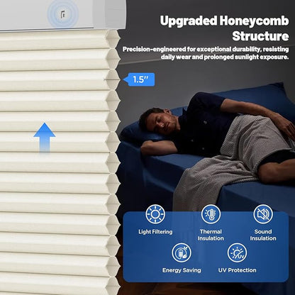 Motorized Cellular Shades with Remote, Light Filtering Smart Cellular Shades Compatible with Alexa, Honeycomb Window Blinds for Bedroom Home Office, Custom Size, Half Shading Soft Pearl