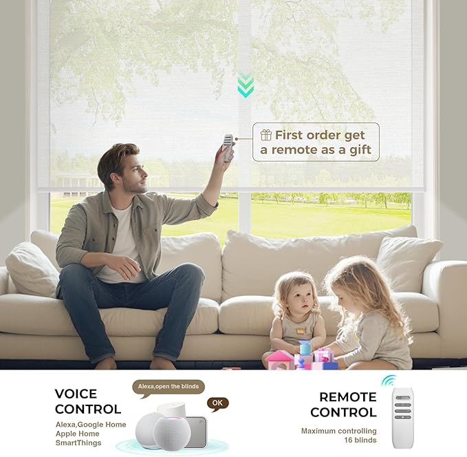HeyBlinds Motorized Blinds with Remote, Smart Roller Shades with App & Voice Control, Compatible with Alexa Google HomeKit, Light Filtering Custom Window Shades for Living Room Office (Mist-White LF)