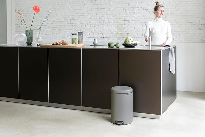 Brabantia Step-On Trash Can | Mineral Concrete Gray | 5.3 Gallon / 20L | Bathroom, Bedroom, Office Trash Can, Light Pedal, Handle & Removable Inner Bucket | 9.9 x 13.3 x 16.2 | + Trash Bags