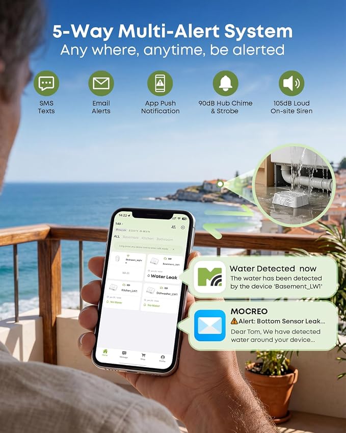 MOCREO WiFi Water Leak Detector Kit, 2000ft Long Range, SMS App Email Alerts, 105dB Adjustable Alarm, Leak Severity Tracking, 5-Year Battery Life, 3 IP67 Water Leak Sensors for Home Basement Kitchen
