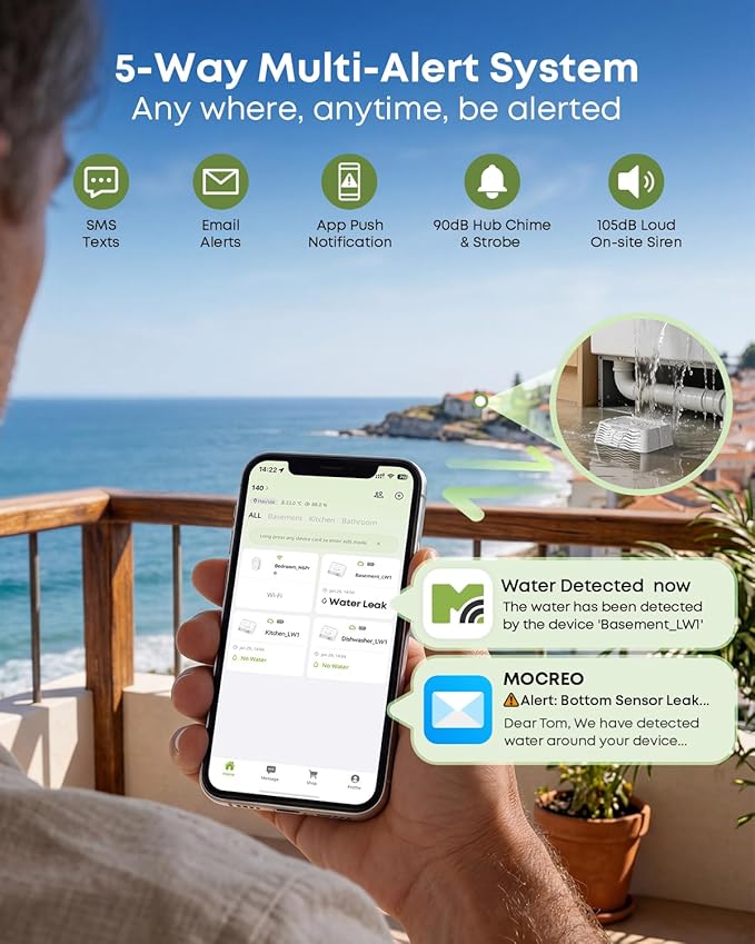 MOCREO WiFi Water Leak Detector Kit, 2000ft Long Range, SMS App Email Alerts, 105dB Adjustable Alarm, Leak Severity Tracking, 5-Year Battery Life, IP67 Water Leak Sensor for Basement Kitchen Bathroom