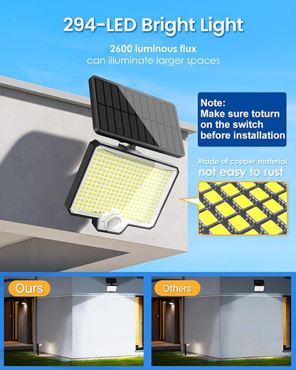AUDERWIN 294 LED Solar Motion Sensor Outdoor Lights 7500K, 3900Lm Solar Flood Lights, IP67 Waterproof Outside Solar Powered Security Spot Lights for Porch Patio Yard Garage Fence, 3 Pack Black