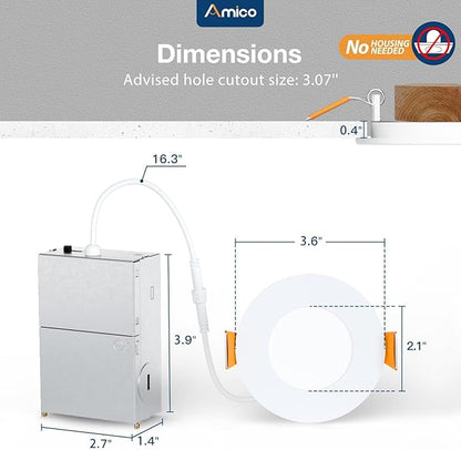 Amico 6 Pack 3 Inch 5CCT Ultra-Thin LED Recessed Ceiling Light with Junction Box, 2700K/3000K/3500K/4000K/5000K Selectable, 7W Eqv 60W 500LM Brightness Dimmable Canless Wafer Downlight, ETL