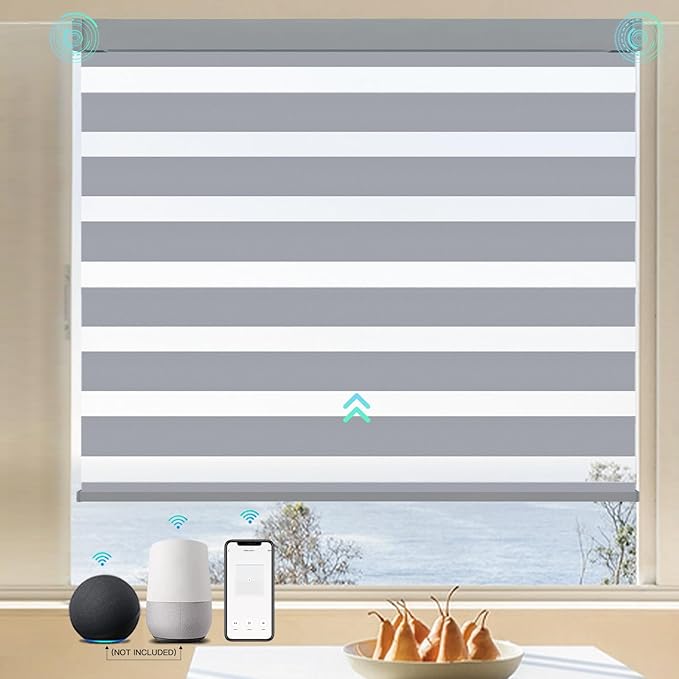 Motorized Blinds with Remote 80% Blackout Smart Electric Zebra Shades Built-in Rechargeable Automatic Blinds for Window Compatible with Alexa Google Luxurious Grey