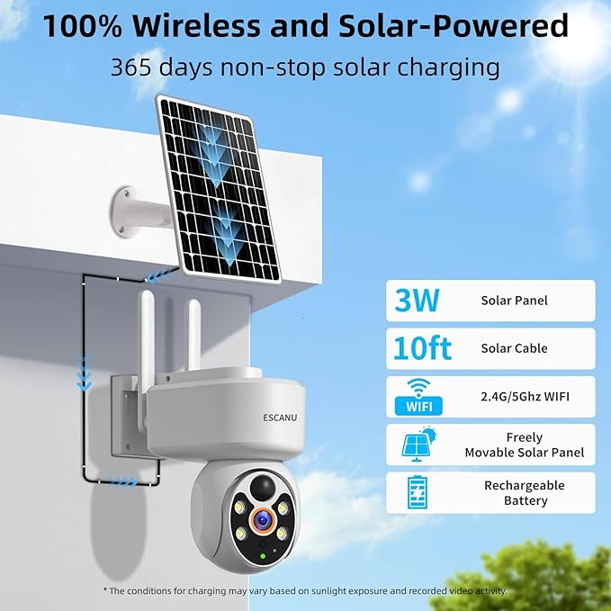 ESCANU Wireless Home Security Cameras,Solar Power PTZ Outdoor Cameras,Motion Detection,Night Vision,Water-Proof,2-Way Audio,No Subscription Fee,Cloud/SD Card Storage
