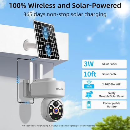 ESCANU Wireless Home Security Cameras,Solar Power PTZ Outdoor Cameras,Motion Detection,Night Vision,Water-Proof,2-Way Audio,No Subscription Fee,Cloud/SD Card Storage