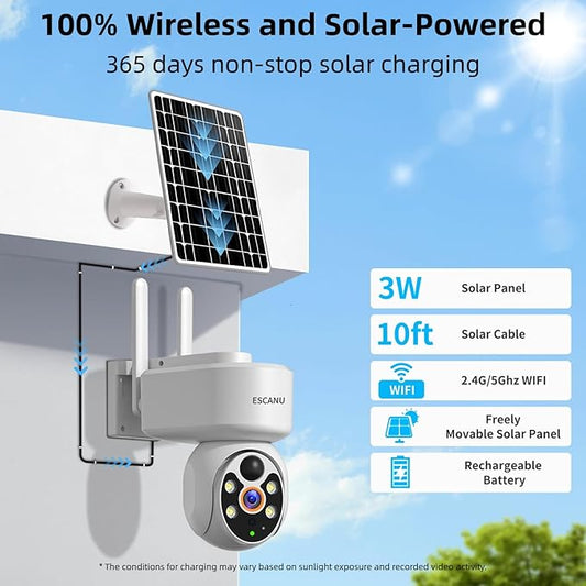 ESCANU Wireless Home Security Cameras,Solar Power PTZ Outdoor Cameras,Motion Detection,Night Vision,Water-Proof,2-Way Audio,No Subscription Fee,Cloud/SD Card Storage