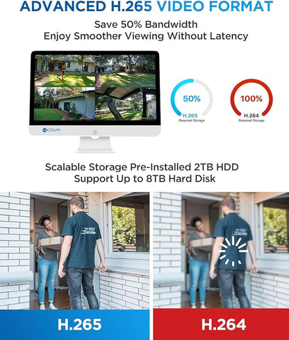 4COVR PoE Security Camera System with Monitor, AI Human/Vehicle Detection, 8CH 8MP NVR with Monitor Pre-Installed 2TB HDD, 6X 5MP Wired Dome IP Home Camera IP67 Night Vision, LY97SA5MU806