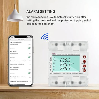 3 Phase AC380V 100A Tuya WiFi Smart Bi-Directional Energy Power kWh Meter Over Under Voltage Current Protector Relay Switch Current Limit Phase Squence Protector Voice Remote Control for Smart Home