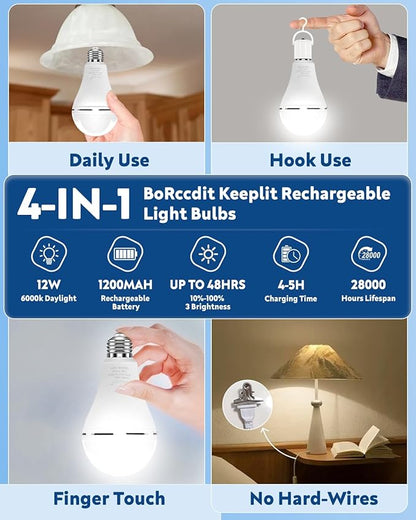 BoRccdit KeepLit 6 Pack Emergency Rechargeable Light Bulbs, 48H Long Lasting & 3 Brightness Battery Light Bulb,12W 5000K Battery Backup Emergency Lights for Home Power Failure,Hurricane Supplies